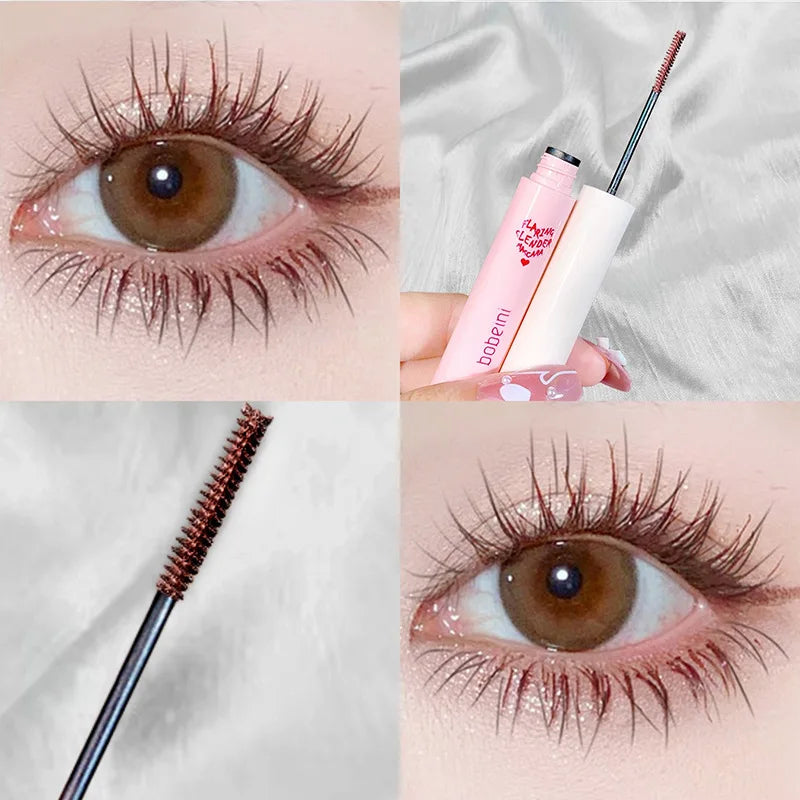 Blushimmer waterproof mascara with ultra-fine brush, silk fibers, brown-black color, fast-drying, lengthens and curls eyelashes.