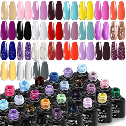 Blushimmer nail gel polish kit with LED lamp, 27 colors, soak-off base and top coats, manicure set for salon or home nails.
