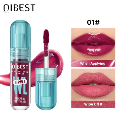 Blushimmer QIBEST hydrating crystal lip gloss with water-glazed finish, long-lasting moisturizing lip tint, shown on smooth lips.
