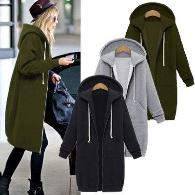 LadyShow 2024 women's autumn winter hoodie parka with zipper pockets, loose fit, hooded design, and maxi length sweatshirt outwear.