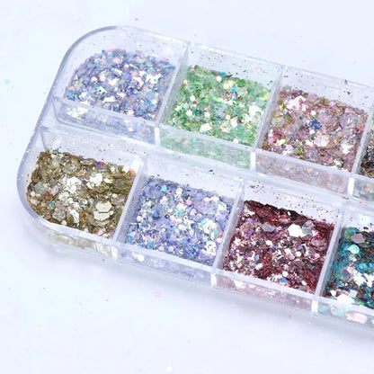 Iridescent mixed hexagon nail glitter sequins by Blushimmer, holographic flakes for nail art and gel polish manicure.