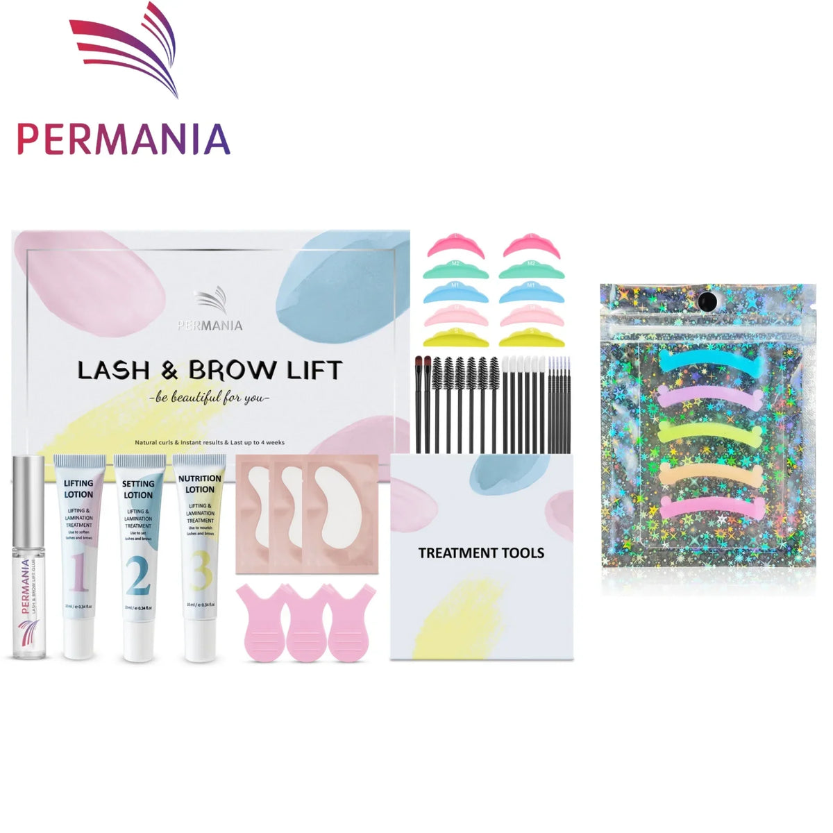 Blushimmer Permania Lash Lift and Brow Lamination Kit with tools and solutions for eyelash perming and brow lifting.