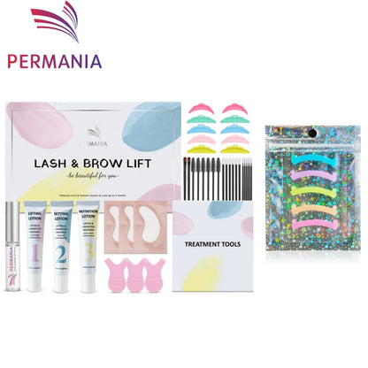 Blushimmer Permania Lash Lift and Brow Lamination Kit with tools and solutions for eyelash perming and brow lifting.