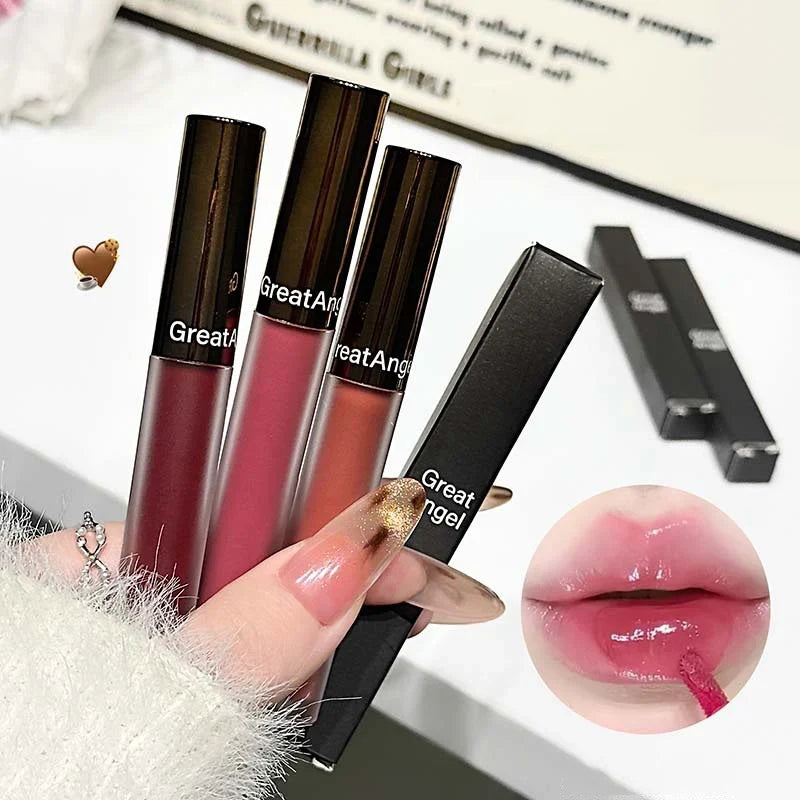 Berry red translucent lip gloss by Blushimmer with hydrating water-light formula and nude brown moisturizing lipstick in clear jelly gloss