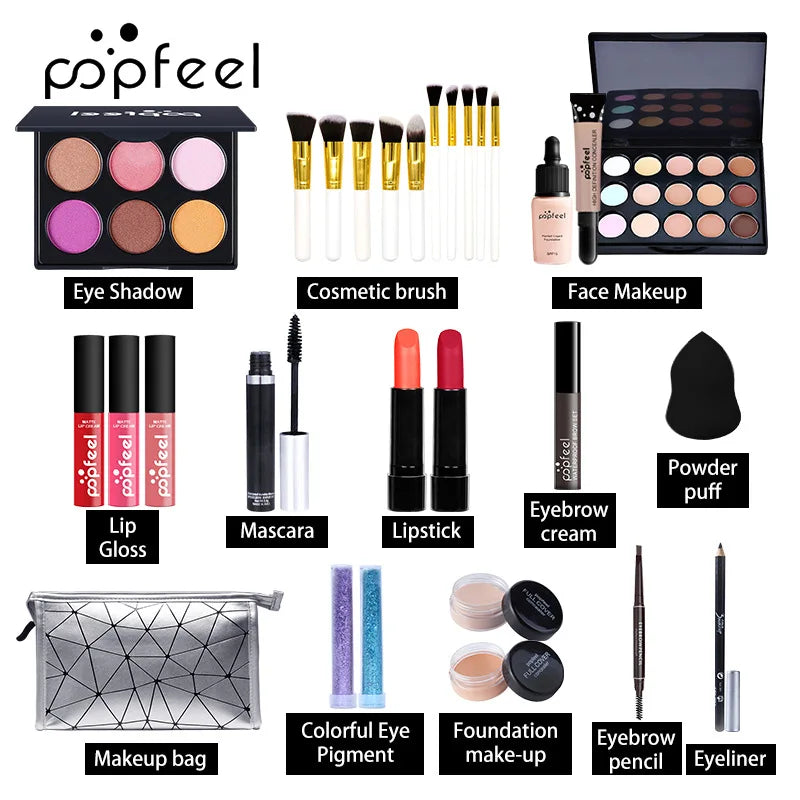 Blushimmer all-in-one makeup kit with eyeshadow palette, foundation, lip gloss, blush, brushes, and eyeliner in a mixed color paste.