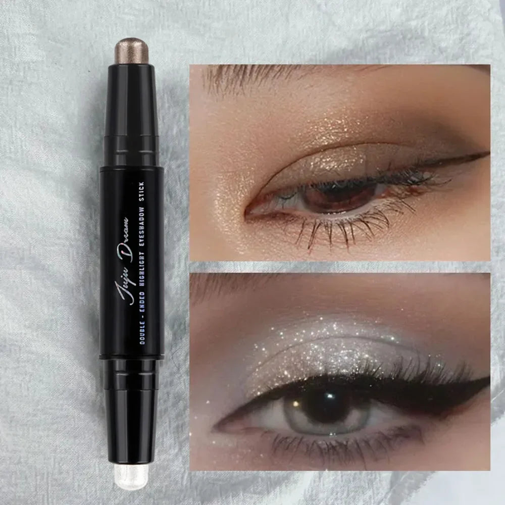 Blushimmer dual-ended eyeshadow stick with matte and shimmer shades, waterproof, long-lasting cream pencil for smoky or natural looks.