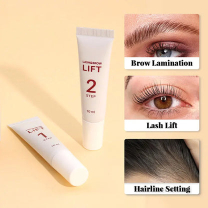 Blushimmer 2-pack 10ml lash lift and brow lamination lotion tubes with application tools for eyelash lifting and brow setting.