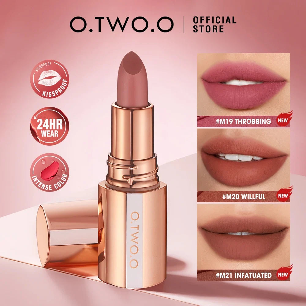 Blushimmer O.TWO.O matte lipstick lip tint in a sleek tube, showing vibrant, highly pigmented shades with a smooth, velvet finish.