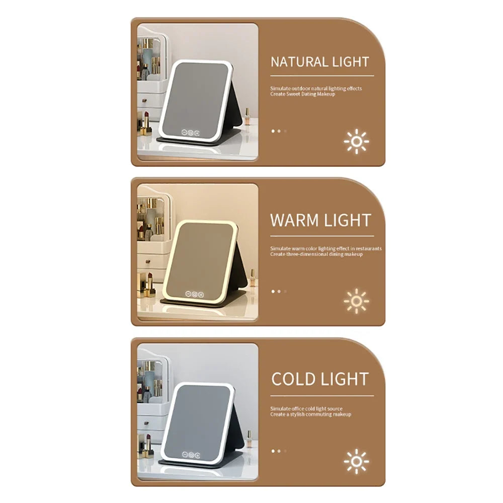 Blushimmer dimmable LED makeup mirror with touch screen, foldable design, rechargeable, ideal for travel and home use.