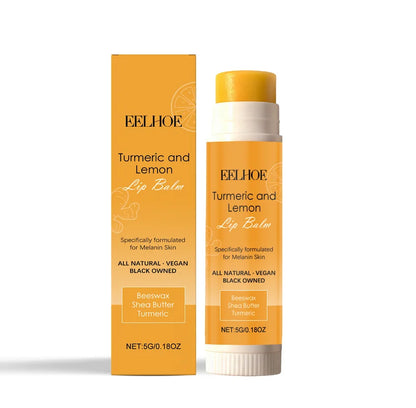 Blushimmer turmeric lemon lip balm in a sleek container, moisturizing and soothing dry lips with long-lasting hydration and a non-sticky feel.