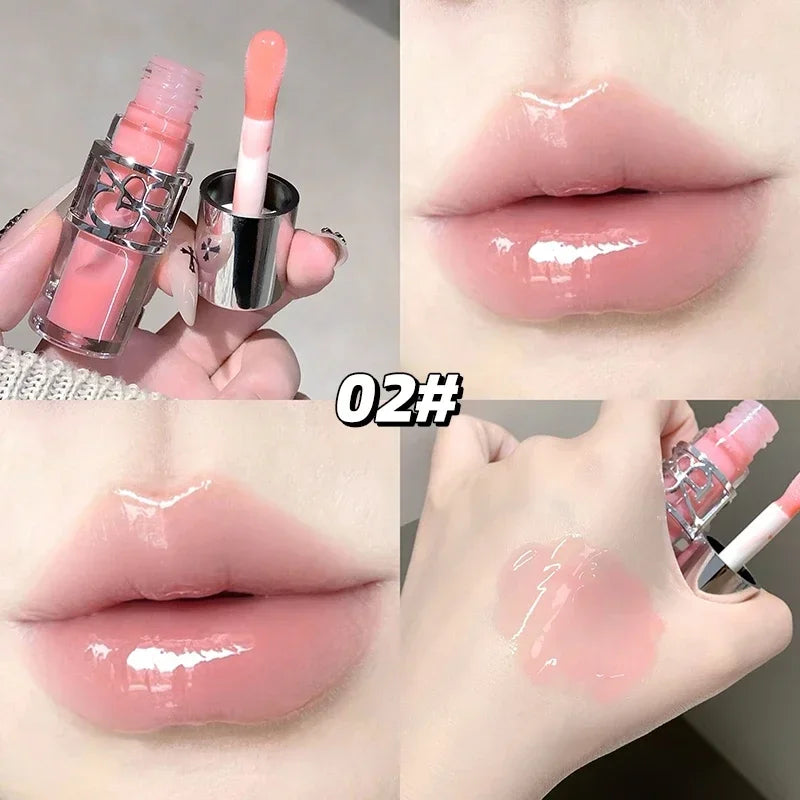 Clear glass lip gloss container with shiny, watery moisturizing lip gloss from Blushimmer, featuring a plumper, long-lasting juicy lip tint.