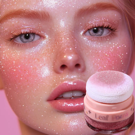 Blushimmer pearlescent glitter powder for hair, face, and body, perfect for highlighting and blush at music festivals.