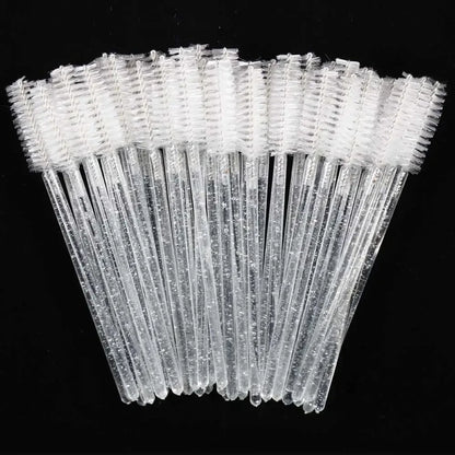 Set of 50 disposable crystal eyelash brushes with diamond handles and mascara wands for eyebrow and lash extensions by Blushimmer