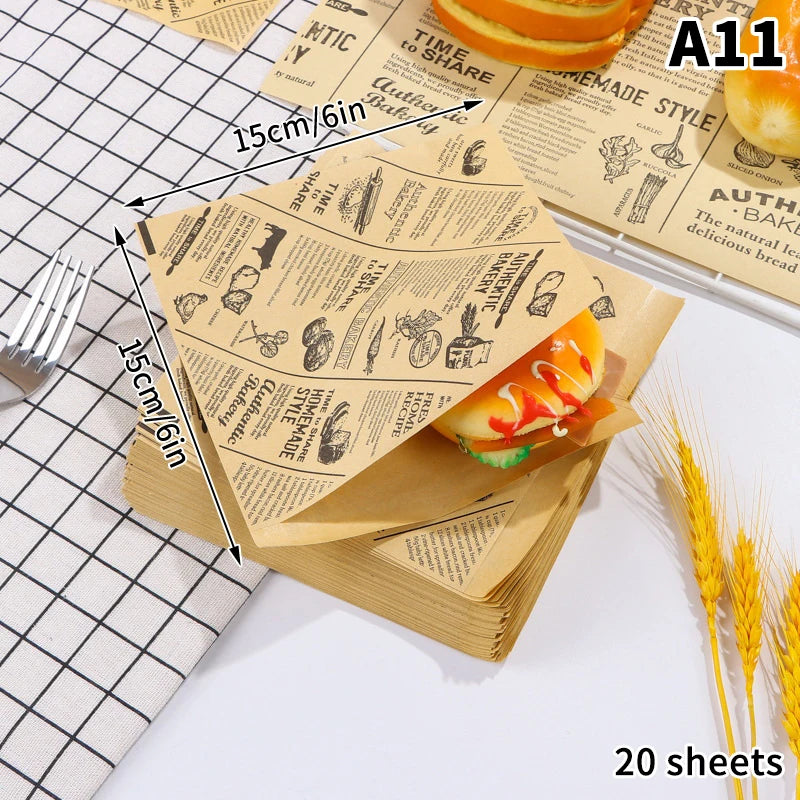 10/20/50Sheets Food Wrapping Paper Newspaper Design Sandwich Burger Fries Fried Food Wrapping Paper Plate Mat Oil Waxed Paper