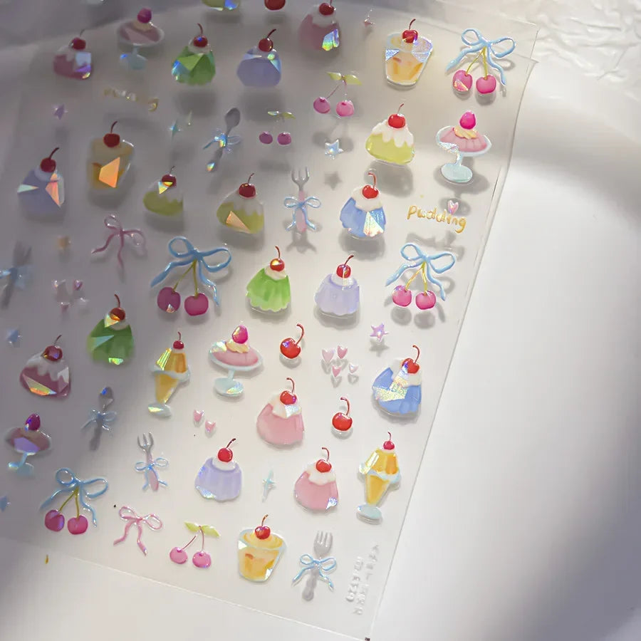 Cute red cherry bowknot 5D nail art stickers with shiny crystals and rhinestones, ideal for DIY manicure decoration by Blushimmer.