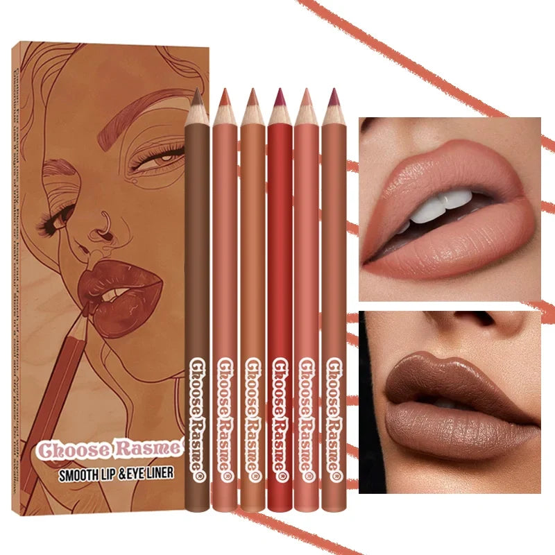 Set of 6 Blushimmer waterproof lip liner pens in nude shades, featuring sleek design and non-stick, sweat-proof formula.