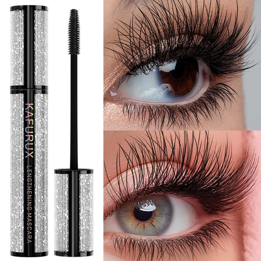 Black lengthening mascara by Blushimmer, waterproof and long-wearing, showing a close-up of the mascara wand and coated lashes.