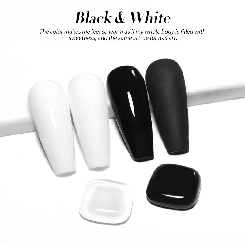 Blushimmer Born Pretty black and white color gel nail polish set with semi-permanent jelly nude gel, soak-off UV LED gel package.