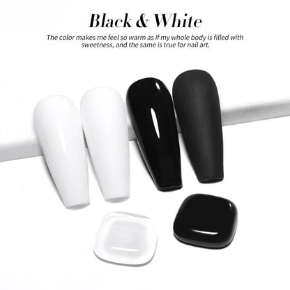 Blushimmer Born Pretty black and white color gel nail polish set with semi-permanent jelly nude gel, soak-off UV LED gel package.