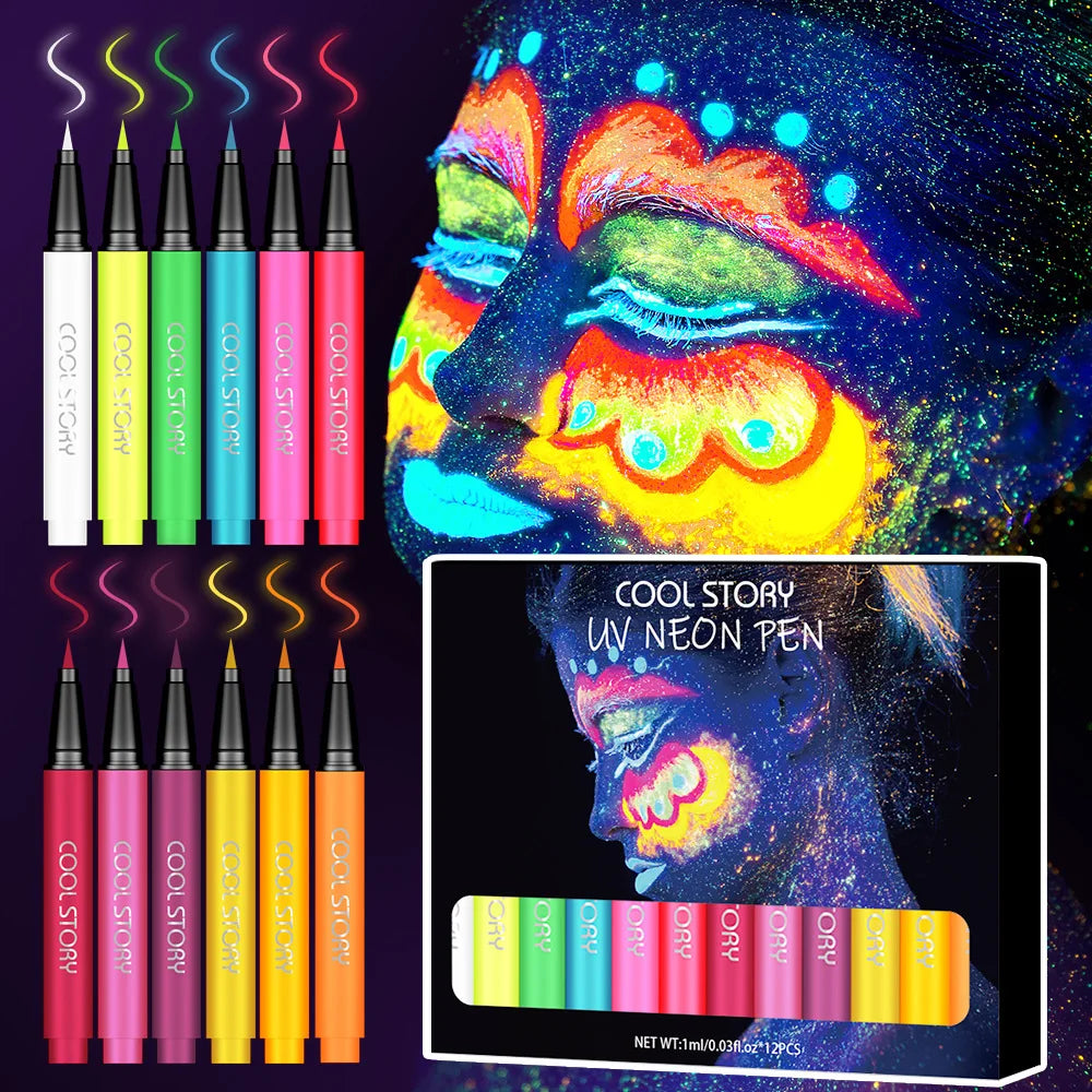 12-piece Blushimmer eyeliner pencil set with fluorescent UV glow and neon liquid eyeliner for festival makeup and vibrant eye looks.