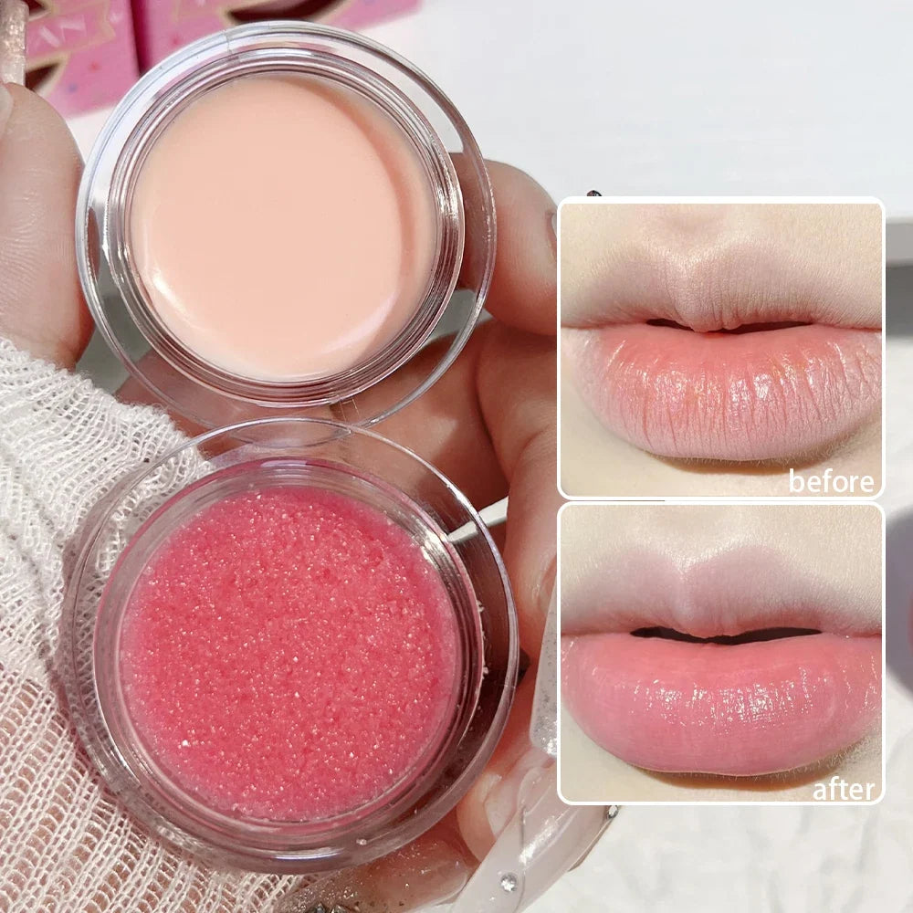 Blushimmer lip scrub and balm set featuring pink exfoliating scrub, moisturizing massage cream, and brightening formula for dark lips