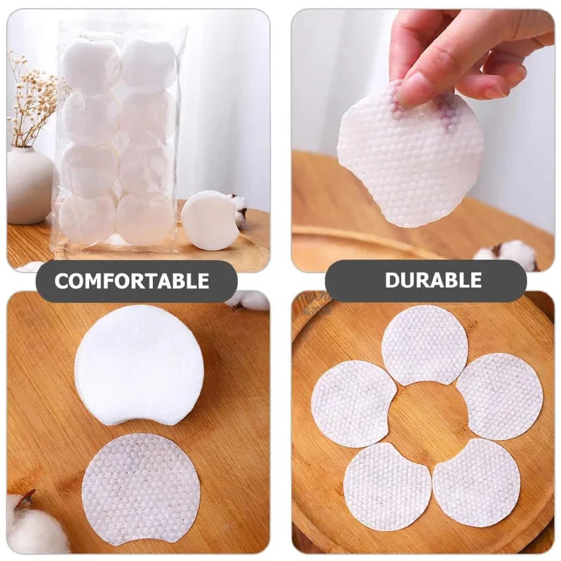 Disposable makeup cotton pads by Blushimmer, soft pearl notched design for facial cleansing and makeup removal.