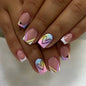 Set of 24 short square fake nails by Blushimmer with halo dyed gradient hearts and colorful French tips design.
