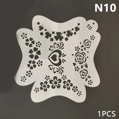Reusable Blushimmer body painting stencils with face art stamps and temporary tattoo templates on plastic sheets.