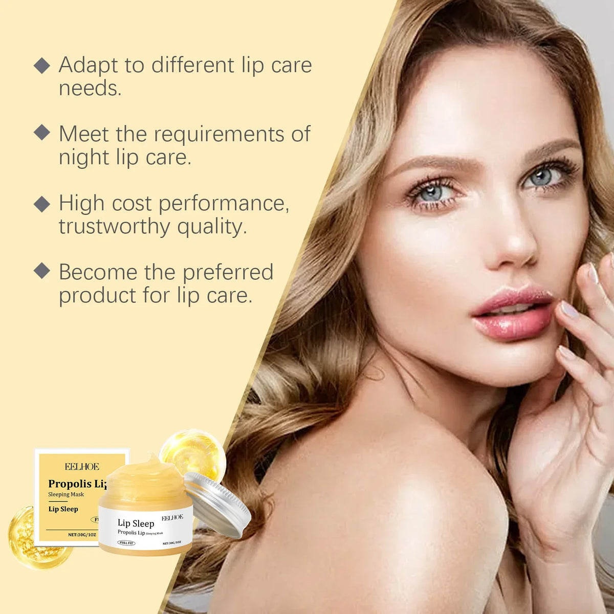 EELHOE Propolis Night Lip Mask by Blushimmer, hydrating and moisturizing lip balm in a 30g jar with smooth, glossy finish.