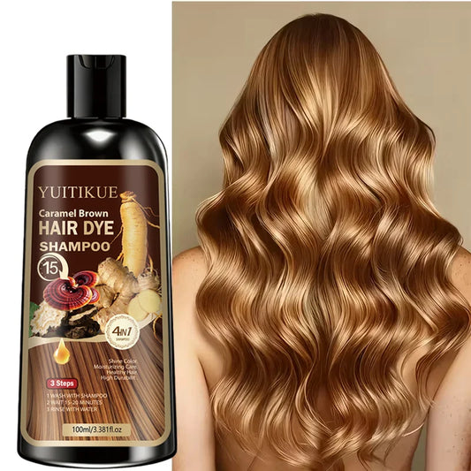 Silcy Skin YUITIKUE Caramel Brown Hair Dye Shampoo in a bottle, moisturizing 4-in-1 color shampoo for long-lasting hair color.