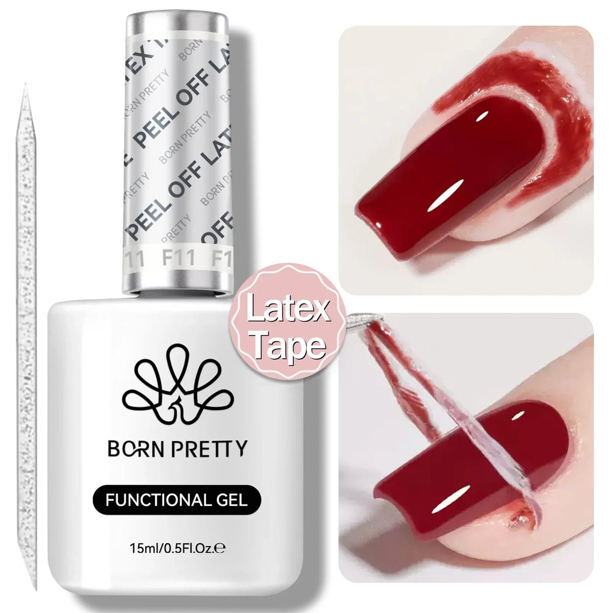 Blushimmer Born Pretty 15ml peel-off nail latex tape gel polish with quick-dry, anti-freezing formula and finger protector tool.