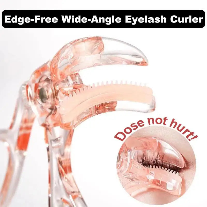 Blushimmer frameless eyelash curler with wide-angle clip, professional portable eye makeup tool for lasting curl and lash enhancement.