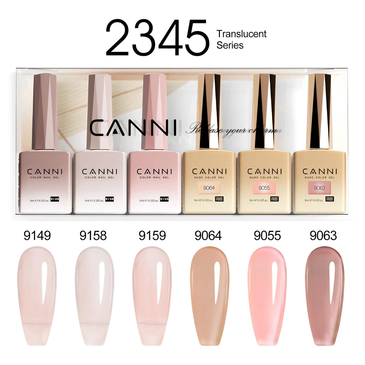 Blushimmer CANNI HEMA FREE nail gel polish set with six 9ml bottles in vibrant colors for semi-permanent UV and LED gel nails.