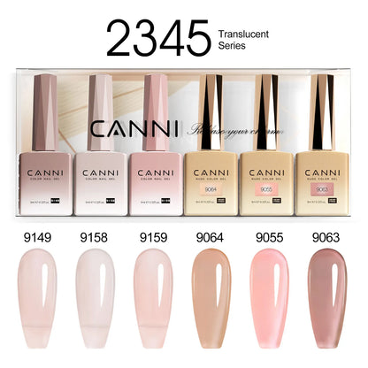 Blushimmer CANNI HEMA FREE nail gel polish set with six 9ml bottles in vibrant colors for semi-permanent UV and LED gel nails.