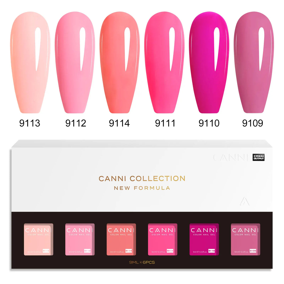 Blushimmer CANNI HEMA FREE nail gel polish set with six 9ml semi-permanent, pigmented UV/LED gel nails for professional manicure.
