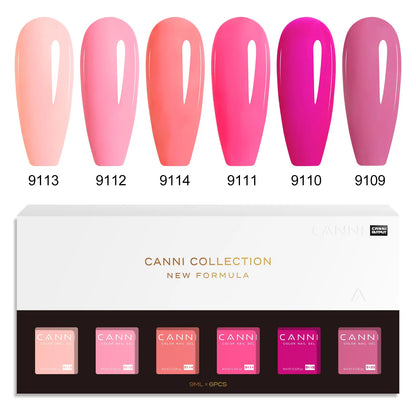 Blushimmer CANNI HEMA FREE nail gel polish set with six 9ml semi-permanent, pigmented UV/LED gel nails for professional manicure.