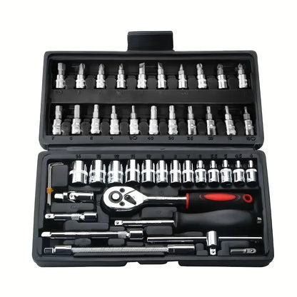 Hi you: 46 piece car repair tool kit: ratchet torque wrench, wrench, screwdriver, socket set combination - perfect for bicycle a