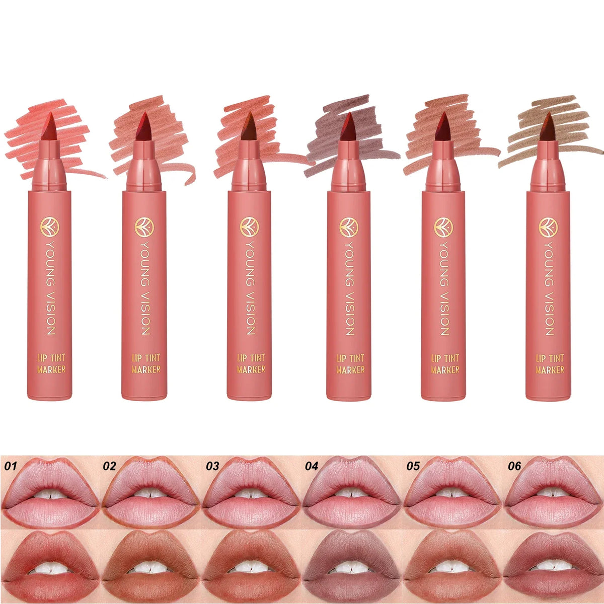 Blushimmer lip tint pen with six matte water lipstick shades, featuring a smooth applicator and non-stick cup for long-lasting color.