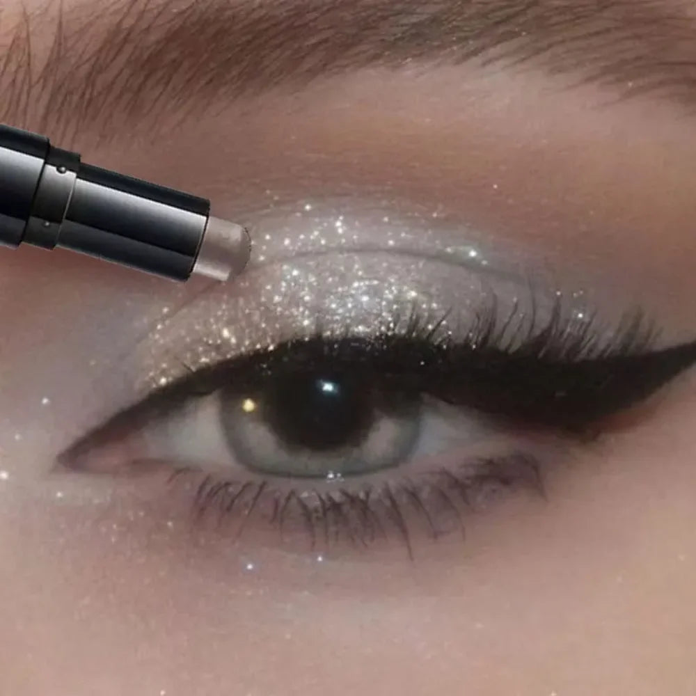 Blushimmer dual-ended eyeshadow stick with matte and shimmer shades, waterproof, long-lasting creamy pencil for smoky or natural looks.