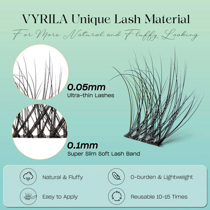Blushimmer 3D wispy eyelash extension clusters with C curl, 0.1mm thin band, reusable natural lash DIY kit, shown in the image.