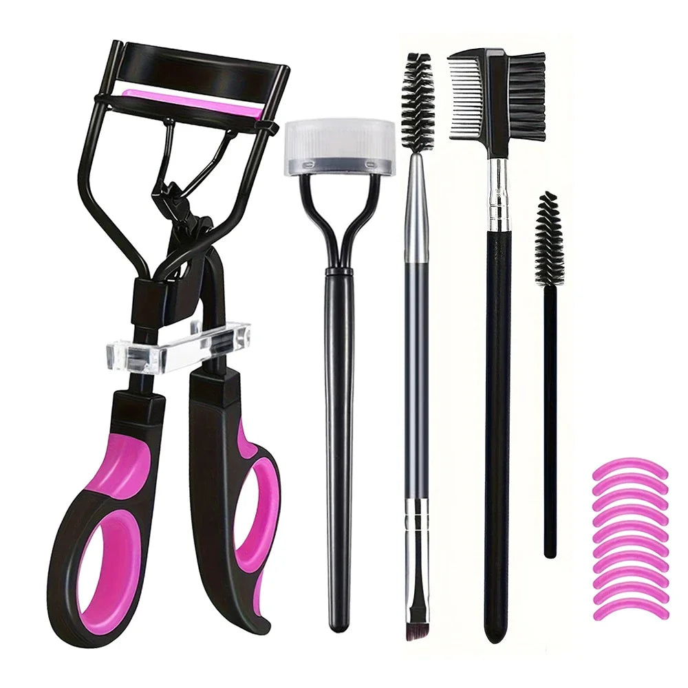Blushimmer eyelash curler set with replacement pads, tweezers, clips, mascara wands, and brushes for women’s eyelash curling.