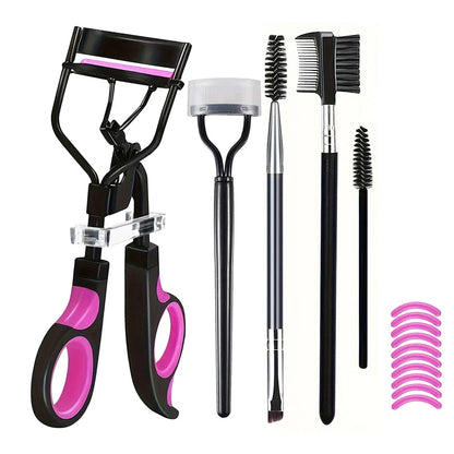 Blushimmer eyelash curler set with replacement pads, tweezers, clips, mascara wands, and brushes for women’s eyelash curling.