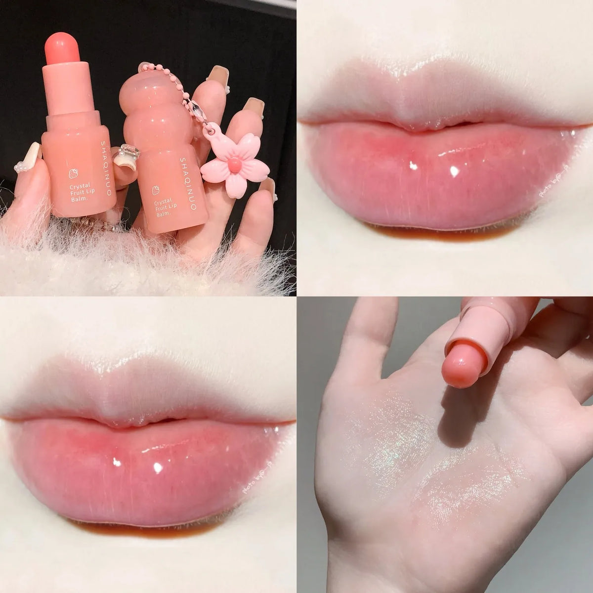 Blushimmer crystal strawberry lip balm stick with keychain, moisturizing hydrating lip care, color-changing lipstick, and lip line reduction.
