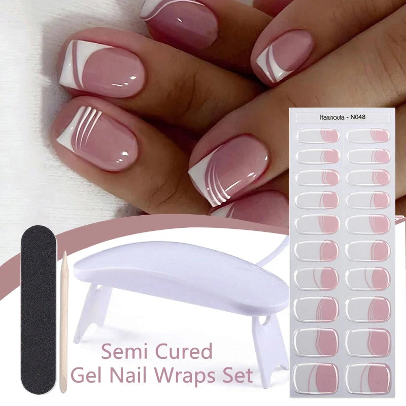 Blushimmer Harunouta 4-piece set of nude pink gradient gel nail strips with waterproof, semi-cured finish and matching nail lamp.