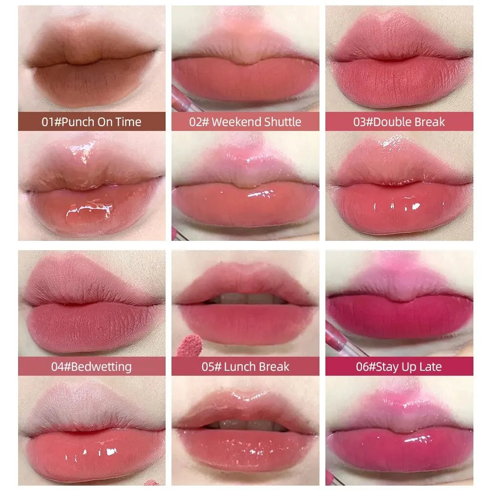Blushimmer CACE double head lip gloss and matte lipstick in sexy red, water gloss, and lip mud mirror for Korean lip makeup.