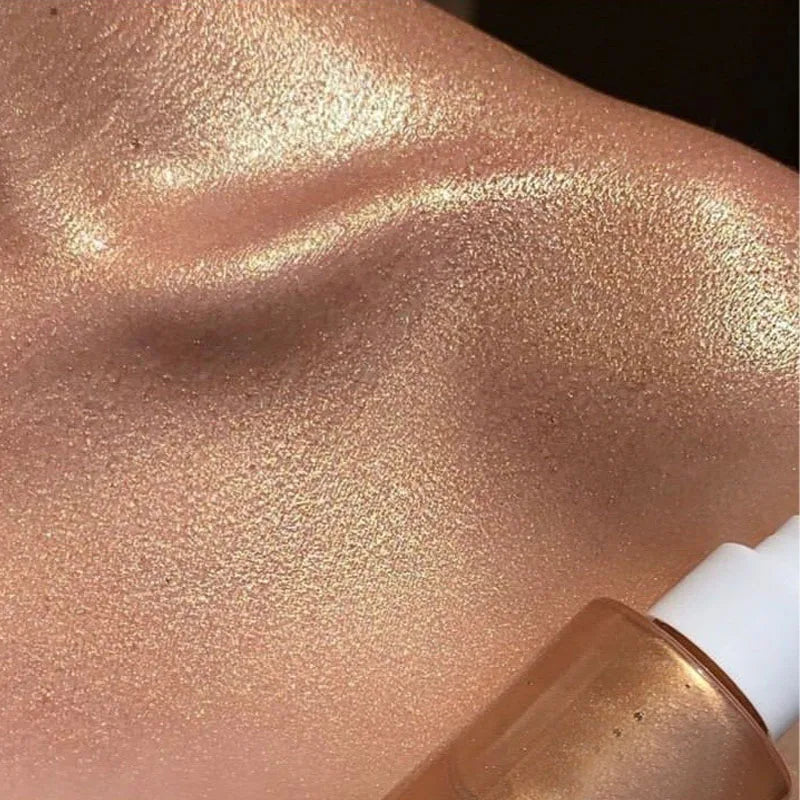 Blushimmer liquid bronzer highlighter setting spray with illuminating shimmer, perfect for glowing, contoured makeup looks.