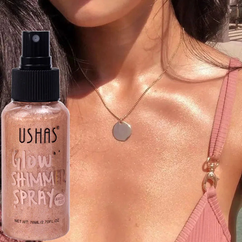 Blushimmer liquid bronzer highlighter setting spray with illuminating shimmer for glowing, contoured face makeup.