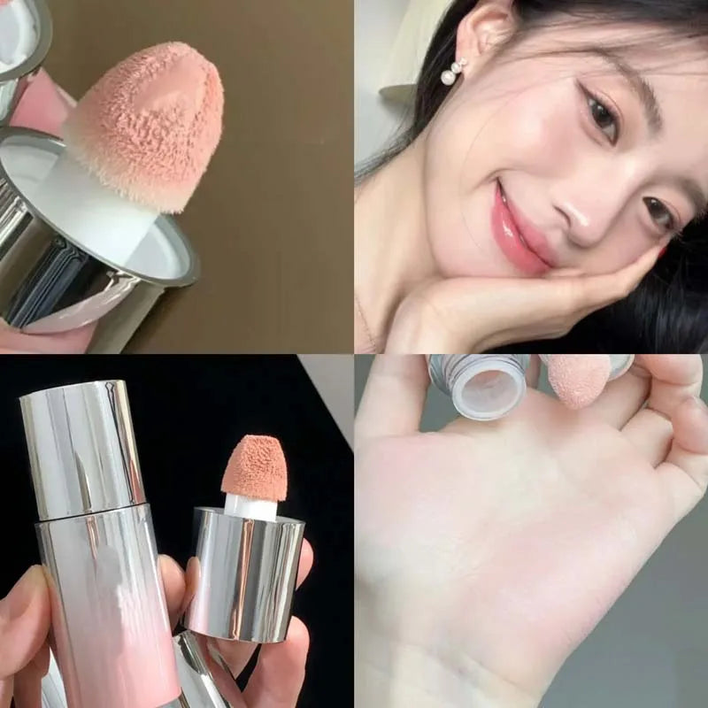 Blushimmer liquid blush in a sleek bottle, smooth, moisturizing, non-sticky, easy to apply, long-lasting matte finish, portable for touch-ups.