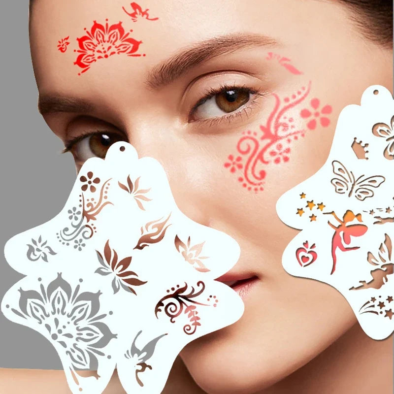 Reusable Blushimmer stencils for body painting, face art, and temporary tattoos, made of durable plastic with various design stamps.