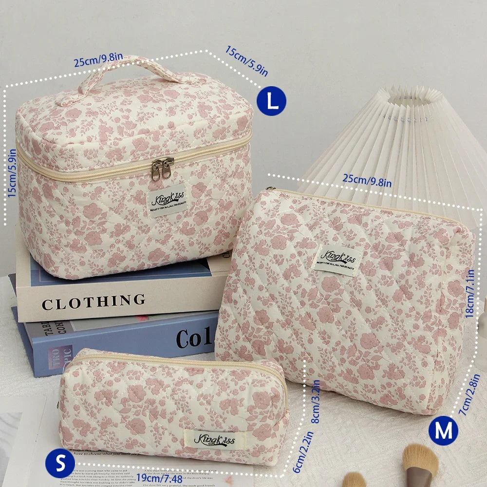 Cute quilted cotton makeup bag by Blushimmer featuring zipper closure, portable cloth cosmetic organizer for women and girls.